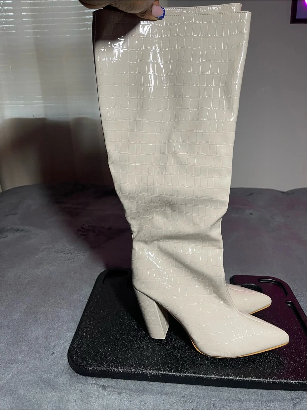 Fashion Nova Cream Croc-Texture Over-The-Knee Pointed Toe Boots